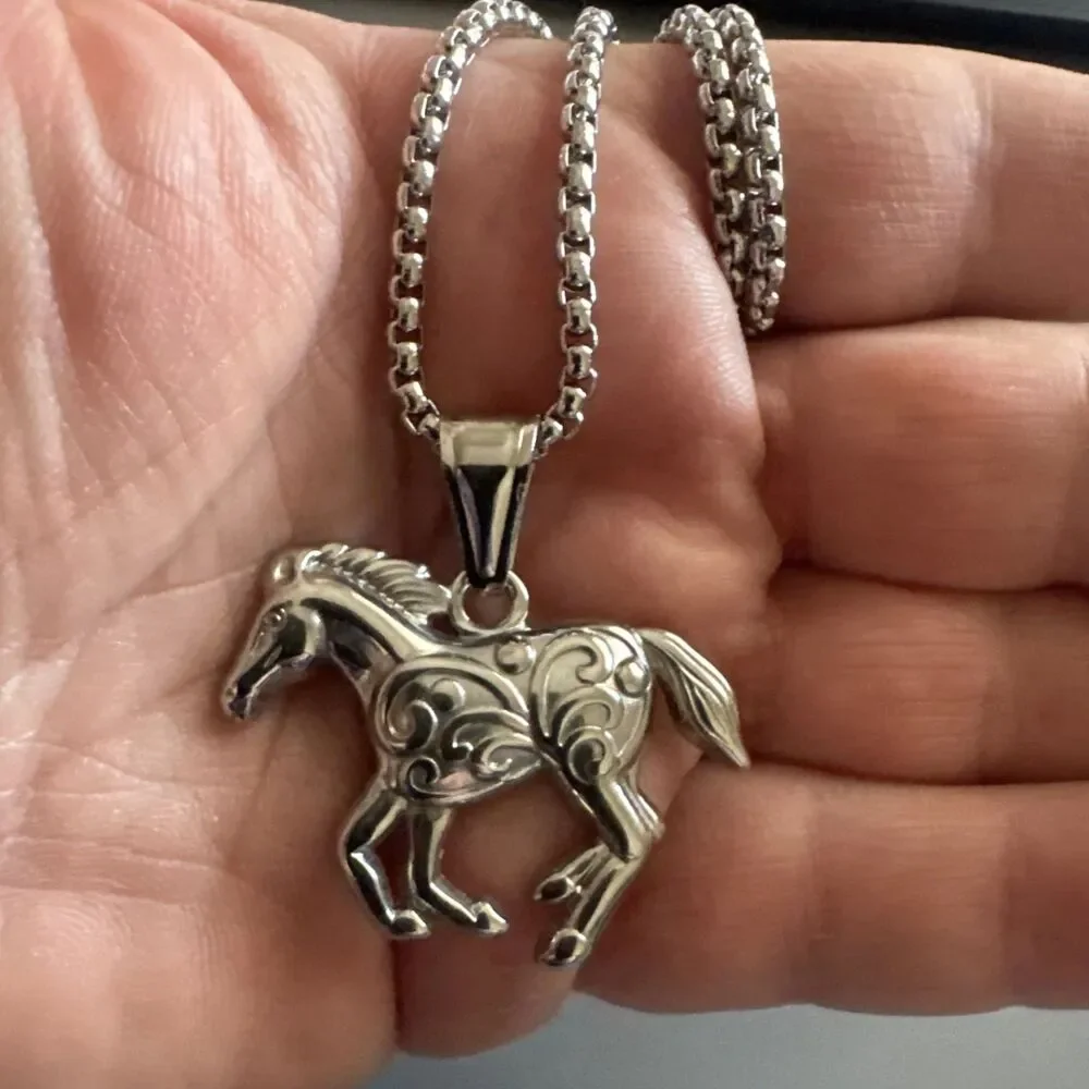 Horse Pony Silver Plated Stainless Steel Pendant 24 Inch Chain Men’s Racing Gift